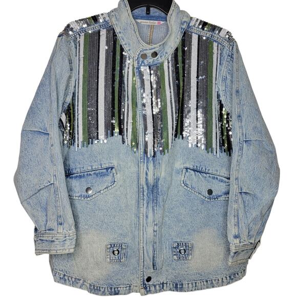 Given Kale Sequin Detailed Light Wash Denim Jean Jacket 100% Cotton NEW 1X - Picture 1 of 9